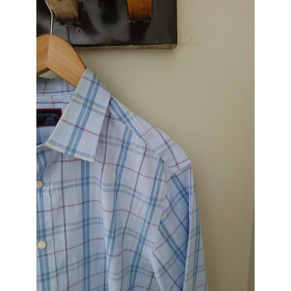 Untuckit Triano L/S Button Down Shirt Size Large Blue Plaid Old Money Work - Picture 3 of 10